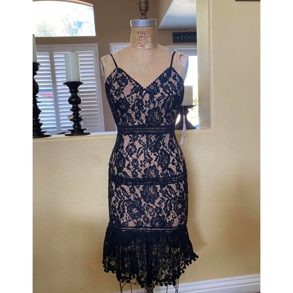 AQUA Black Lace Over Nude Midi Dress NWT Size S